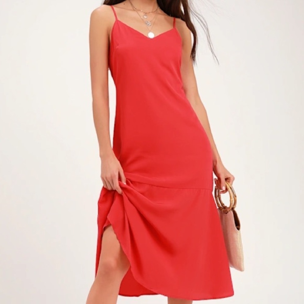 Lulus Women XS Sleeveless V-Neck Woven Lovely Lilies Red Midi Trumpet Dress